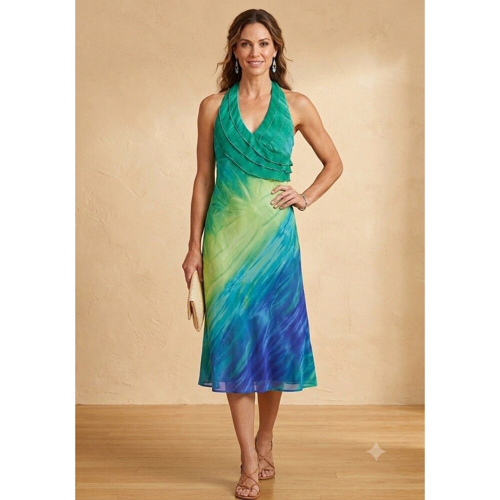 La Rue 39 Beaded Halter Dress Womens Size 12 Ombre Blue Green Midi Chiffon NWT